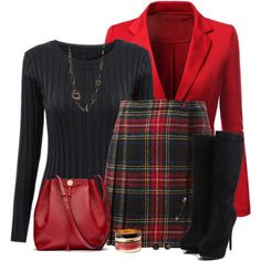 Autumn/Winter-2015 Fall Outfits Women 30s, Tartan Skirt, Red Handbag, Skirt Outfit, Plaid Skirt, Business Attire, Mode Style