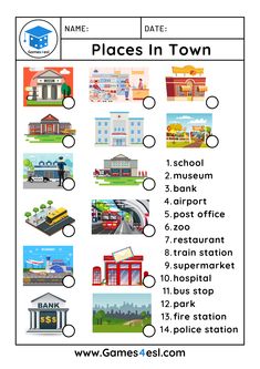 a printable place in town poster with pictures and words to describe the places that are located