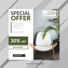 an advertisement for a furniture store with a white chair and palm tree in the corner