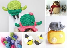 crocheted stuffed animals and toys are shown here