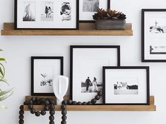 three wooden shelves with black and white pictures on them, one is holding a potted plant