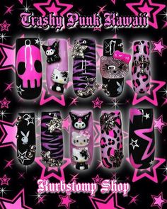 Nail Art Step By Step, Art Step By Step, Punk Kawaii, Junk Nails, Mcbling Y2k, Anime Nails, Baddie Nails