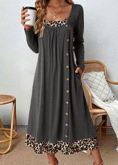 ROTITA Plus Size Button Dark Grey Leopard A Line Dress Plus Size Women Outfits, Dresses Comfortable, Buttoned Dress, Sukienki Plus Size, Dresses Tight, Dress Occasion, Cotton Blends Dress, Designer Drapes, Panel Dress