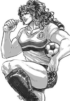 a black and white drawing of a woman sitting on top of a stool holding a soccer ball