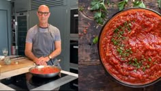 a man standing in front of a pan filled with food next to an image of a bowl of sauce