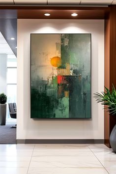 Modern abstract cityscape oil painting with deep greens, orange and red accents, original handmade artwork Abstract Cityscape, Cityscape Art, Muted Tones, Unique Paintings, Handmade Artwork, Handmade Oil, Red Accents, Vibrant Orange, Deep Green