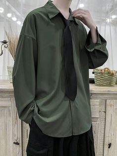 Mens Office, Drop Shoulder Shirt, Shirt Korean, Formal Shirt, Long Sleeved Shirt, Mens Dress, Loose Shirts, Plain Shirts, Men Shirt Style