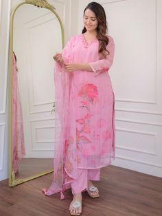 Pink Taby Organza Pant Suit with Printed,Embroidery Work Processing Time : 7 Business Days Work : Printed,Embroidery Work Fabric:Top : Taby Organza Bottom : Viscose Rayon Dupatta : Taby Organza Color:Top : Pink Bottom : Pink Dupatta : Pink Organza Kurti, Dress Saree, Pink Dupatta, Readymade Salwar Kameez, Printed Embroidery, Pink Bottom, Kurtis With Pants, Punjabi Salwar Suits, Designer Kurti