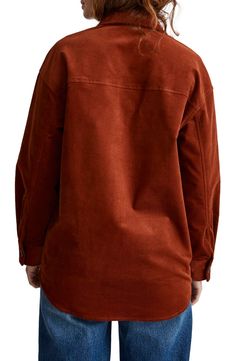 Crafted of weighty, textured twill, this superoversized shirt-jacket has welt pockets and a curved shirttail hem. The perfect easy-to-throw-on layer to add a little texture to any look. 31" length (size Medium) Spread collar Long sleeves with button cuffs 98% cotton, 2% elastane Machine wash, tumble dry Imported Oversized Brown Cotton Shacket, Fall Cotton Shacket In Solid Color, Solid Cotton Shacket For Fall, Brown Relaxed Fit Shacket For Fall, Oversize Shirt, Oversized Shirt, Welt Pockets, Welt Pocket, Shirt Jacket