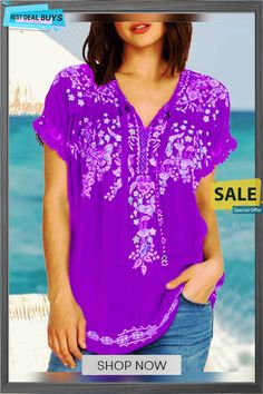 Casual Short Sleeve Cotton-blend T-shirt Purple Short Sleeve Beach Top, Purple Short Sleeve Vacation Tops, Purple Short Sleeve Top For Vacation, Purple V-neck Top With Graphic Print, Casual Printed Purple Tops, Purple Relaxed Fit Casual Top, Casual Purple Printed Tops, Casual Purple Summer Tops, Purple V-neck Summer Shirt