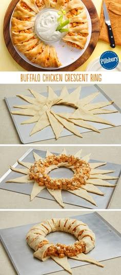 the process to make buffalo chicken crescent ring is shown in three different stages, including being cut