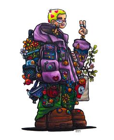 a drawing of a man with many items on his back