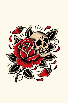 a skull and rose tattoo design on a white background, with red roses in the foreground