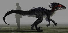 a large black dinosaur standing next to a man