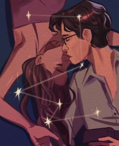 an illustration of a man and woman kissing in the air with stars around them on their backs