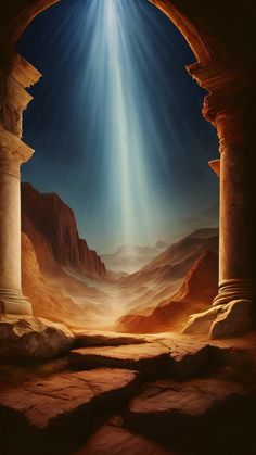 an image of the light coming from behind some pillars in a desert area with rocks and dirt