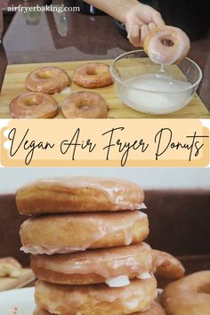 a stack of doughnuts sitting on top of a wooden cutting board next to a bowl of yogurt