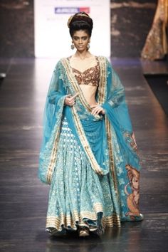 Blue and gold Neeta Lulla- not everyday we see a lehenga in this shade of blue! Ethnic Trends, Reception Outfit, Neeta Lulla, Desi Style, Top Design Fashion, Lakme Fashion Week, Indian Wedding Outfits