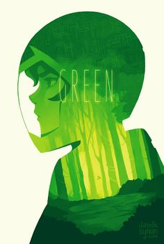 a poster with the words green in front of a man's face and trees