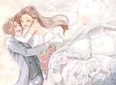 two people are hugging each other in front of a wedding dress and veil with flowers on it