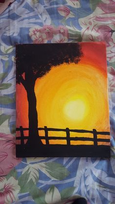 an acrylic painting of a sunset with a tree on the fence and flowers