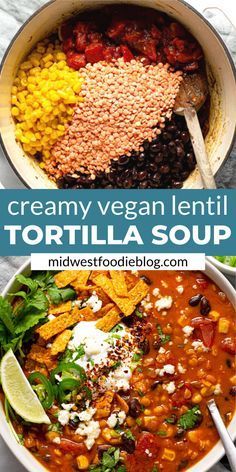 two bowls filled with tortilla soup and topped with sour cream, corn, black beans