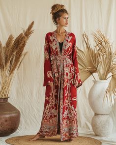 This elegant and timeless Brahmaki maxi caftan creates a stylish, classic look. It's just as suitable for feeling beautiful and relaxed at home as when you're dressed up for a night out. Having wide sleeves gives the kaftan a unique and characteristic expression. With its reversible design, the kaftan allows endless combinations with other garments, such as our matching trousers. All of our clothes are handmade by us. Our tailors and other team members are paid a monthly salary and receive paid Maxi Kaftan, Viscose Fabric, Wide Sleeves, Kimonos, Luxury Fabrics, How To Feel Beautiful, The River, Slow Fashion, Lifestyle Brands