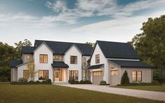 this is an artist's rendering of a house in the country style with white sidings and black shingles