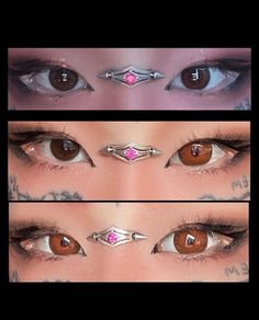 three different pictures of the same person's eyes with piercings on their forehead