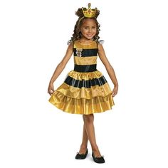 Transform your child into her favorite toy with our L.O.L. Surprise Queen Bee Classic Costume! This knee-length satin dress dazzles with gold sparkle dots, ruffle sleeves, and a multi-layered skirt. Complete the look with a coordinating headband. But wait, there's more! This costume holds an extra surprise: a temporary glitter tattoo hidden in a pocket on the skirt lining. Delight your cutie with this unexpected treat and watch her shine like never before. Give her a magical Halloween experience Queen Bee Costume, Angel Halloween Costumes, Lol Doll, Bee Costume, Bee Dress, Classic Girl, Black Striped Dress, Disney Cosplay, Toddler Costumes