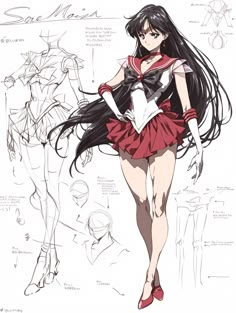 an anime character with long black hair, wearing a red and white dress while standing in front of a drawing board