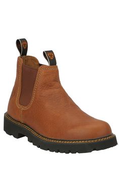 Ariat® Men's Peanut Spot Hog Casual Boots Rugged Leather Slip-on Chelsea Boots, Rugged Leather Footbed Work Boots, Rustic Leather Boots For Outdoor Work, Rugged Work Boots With Leather Footbed, Leather Waterproof Slip-on Boots With Reinforced Toe, Western Style Leather Work Boots With Rubber Sole, Leather Western Boots For Outdoor Work, Western Style Leather Work Boots With Reinforced Stitching, Casual Brown Chelsea Boots With Snip Toe