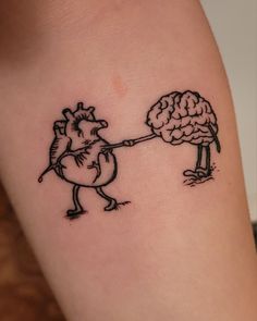 a drawing of a cartoon character holding onto a tree with a brain on it's arm