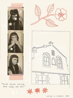 a drawing of a house with three pictures of the front and back of it, including a woman's face