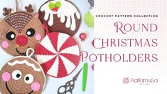 crochet pattern collection round christmas potholders with reindeer faces and candy canes