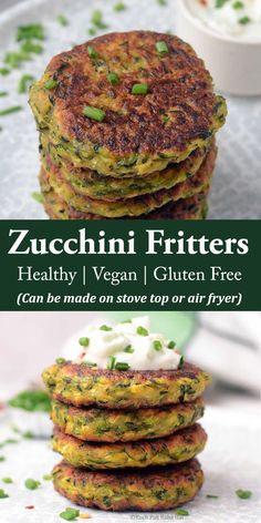 zucchini fritters are stacked on top of each other