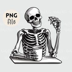 a skeleton sitting at a table with a cup of coffee in his hand and the words png file above it