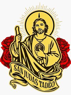 an image of jesus holding a cross with roses around it and the words sanjudas tadeo