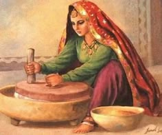 a painting of a woman sitting on the ground next to a large pot and bowl