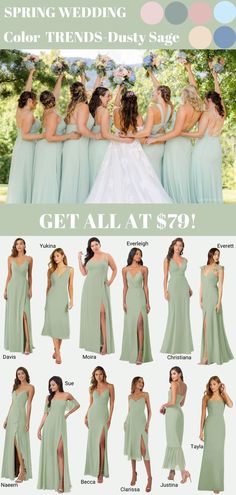 the bridesmaid dresses are all in mint green and have side slits on them