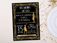 a black and gold roaring gats birthday party card with the text roaring gats on it