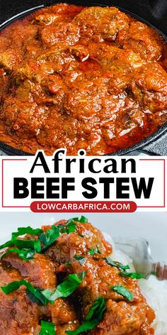 an african beef stew is served in a skillet