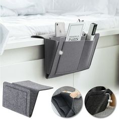 an image of a bed with a book holder attached to it