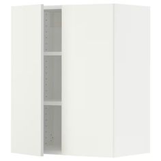 a white cabinet with two doors and shelves