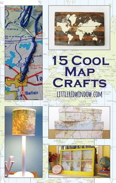 an image of a map with the words 15 cool map crafts on it and images of maps