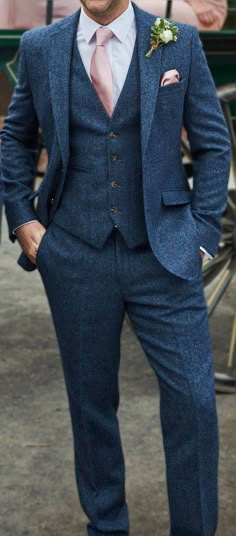 Navy Blue Tweed Wedding Suit, Navy Tweed Suit Wedding, Blue Tweed Suits, Dark Blue Suit Men Wedding, Groom Attire Blue, Damien Broderick, Blue Wedding Suit Groom, Wedding Views