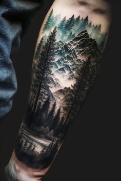 a man's arm with mountains and trees on it