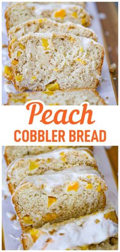 this peach cobbler bread is made with fresh peaches and topped with icing