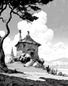 a black and white drawing of a house on top of a hill next to a tree