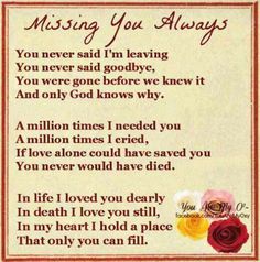 a poem with flowers on it that says, missing you alwayss and i never said goodbye